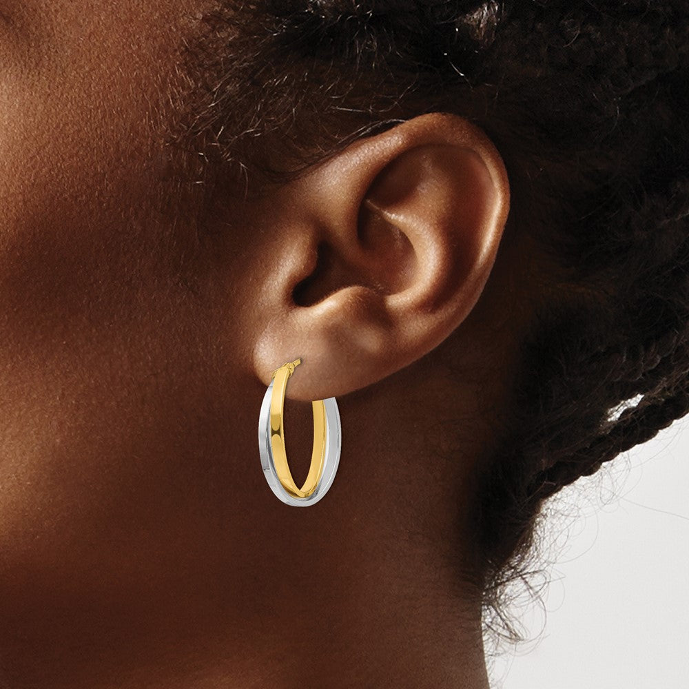 14K with Rhodium Polished Hinged Hoop Earrings