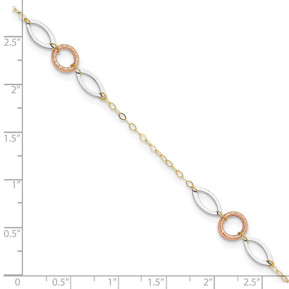 14k Tri-color Circle and Oval 3-Station 9 inch Plus 1 inch Extender - Total 10 inch Anklet