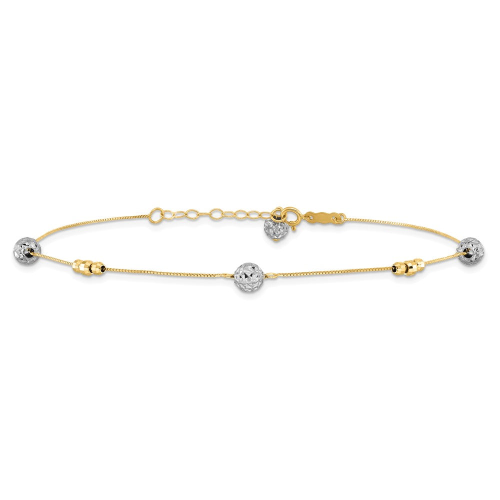 14k Two-tone Textured and Mirror Beads 5-Station 9 inch Plus 1 inch Bead Dangle Extender - Total 10 inch Anklet