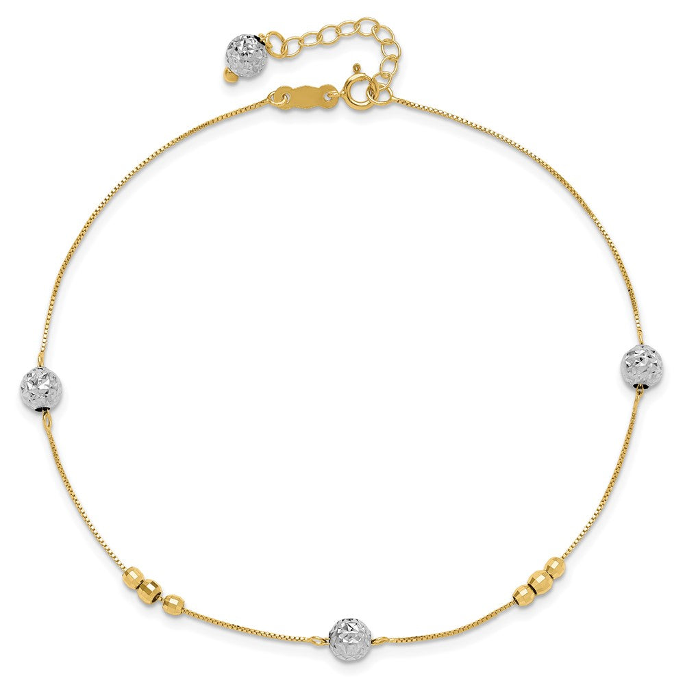 14k Two-tone Textured and Mirror Beads 5-Station 9 inch Plus 1 inch Bead Dangle Extender - Total 10 inch Anklet