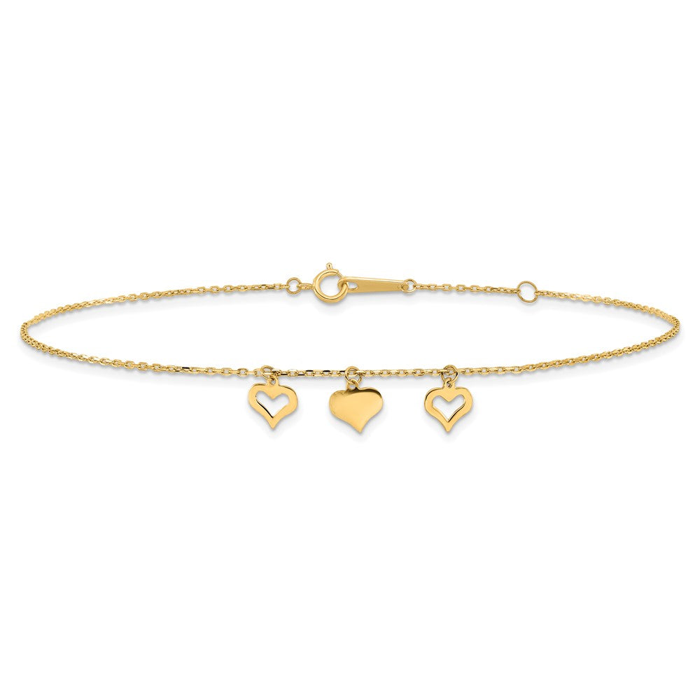 14k Three Heart Dangles 9 inch Plus 1 inch Extender - Total 10 inch Anklet