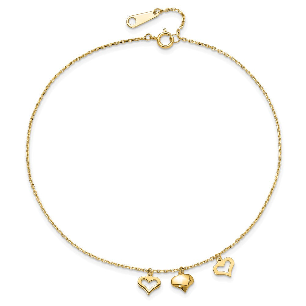 14k Three Heart Dangles 9 inch Plus 1 inch Extender - Total 10 inch Anklet