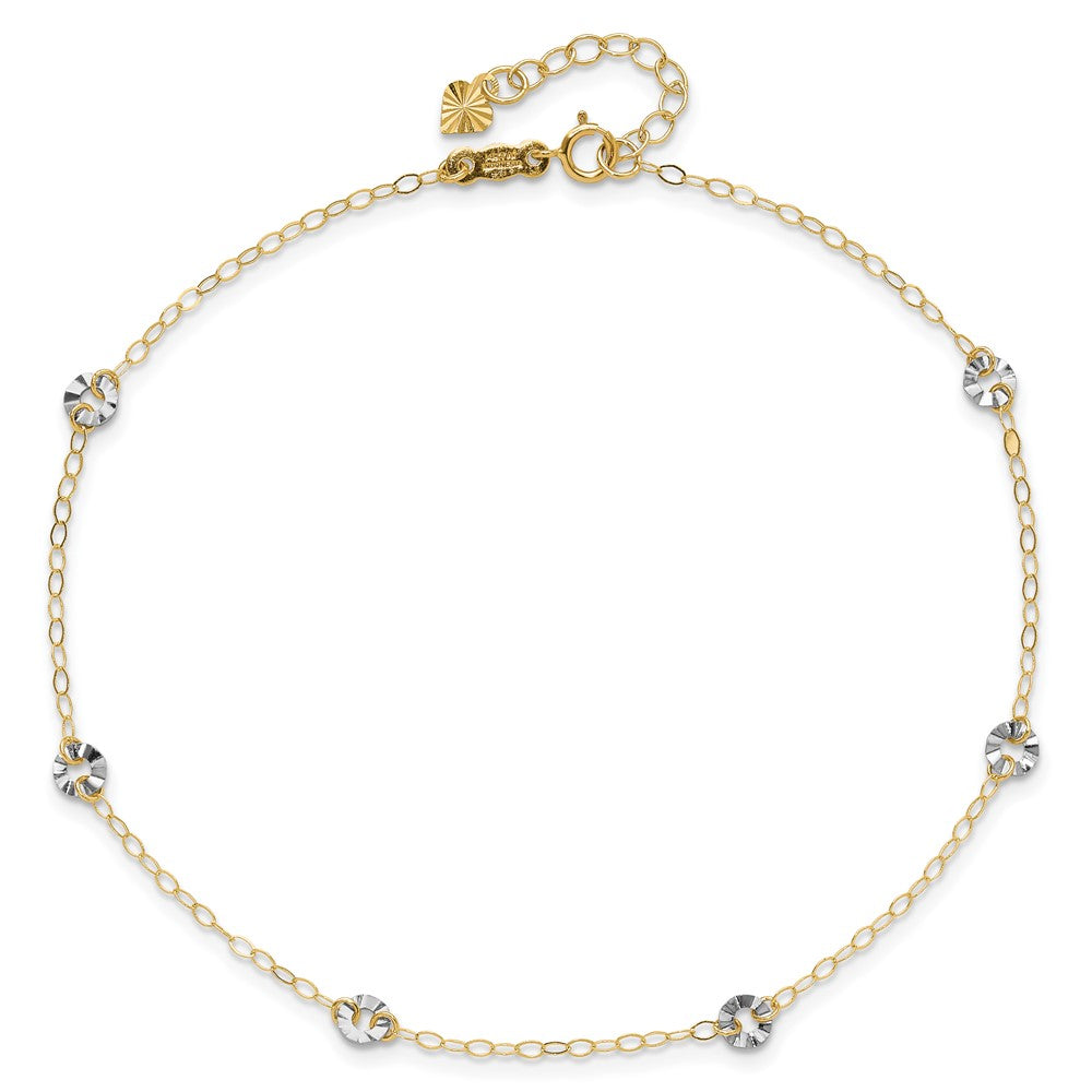 14K Two-tone Chain and Wavy Circles 6-Station 9 inch Plus 1 inch Extender - Total 10 inch Anklet