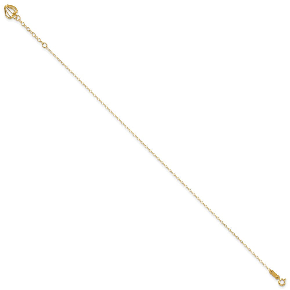 14K Cable Chain with Diamond-cut Heart Cage Dangle 9 inch Plus 1 inch Extender - Total 10 inch Anklet