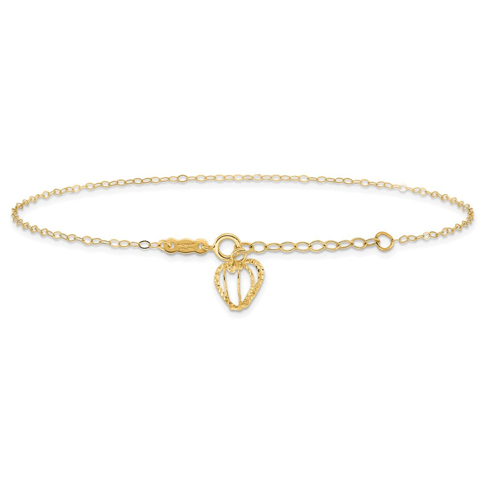 14K Cable Chain with Diamond-cut Heart Cage Dangle 9 inch Plus 1 inch Extender - Total 10 inch Anklet