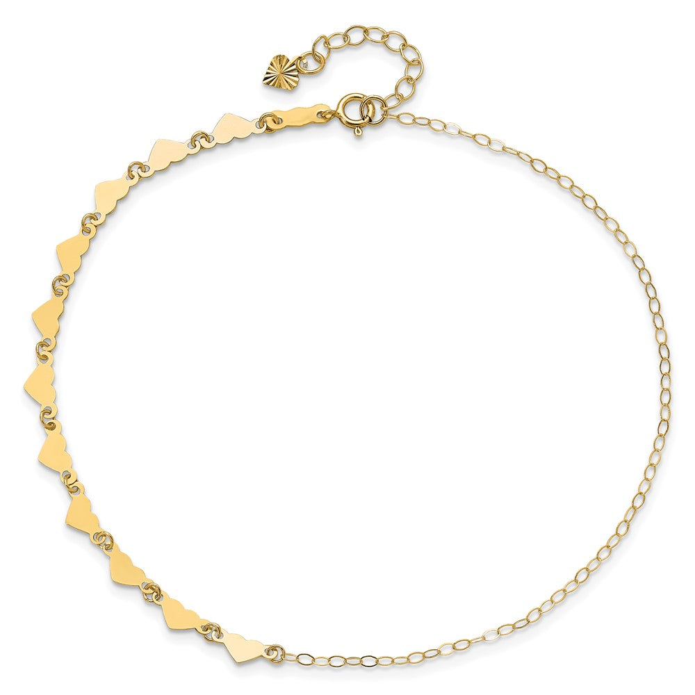 14K Hearts and Oval Links 10 inch Plus 1 inch Extender - Total 11 inch Anklet