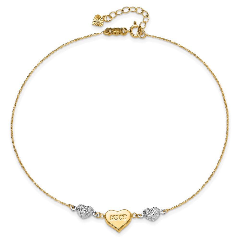 14K Two-tone Diamond-cut and LOVE Puffed Heart 10 inch Plus 1 inch Extender - Total 11 inch Anklet