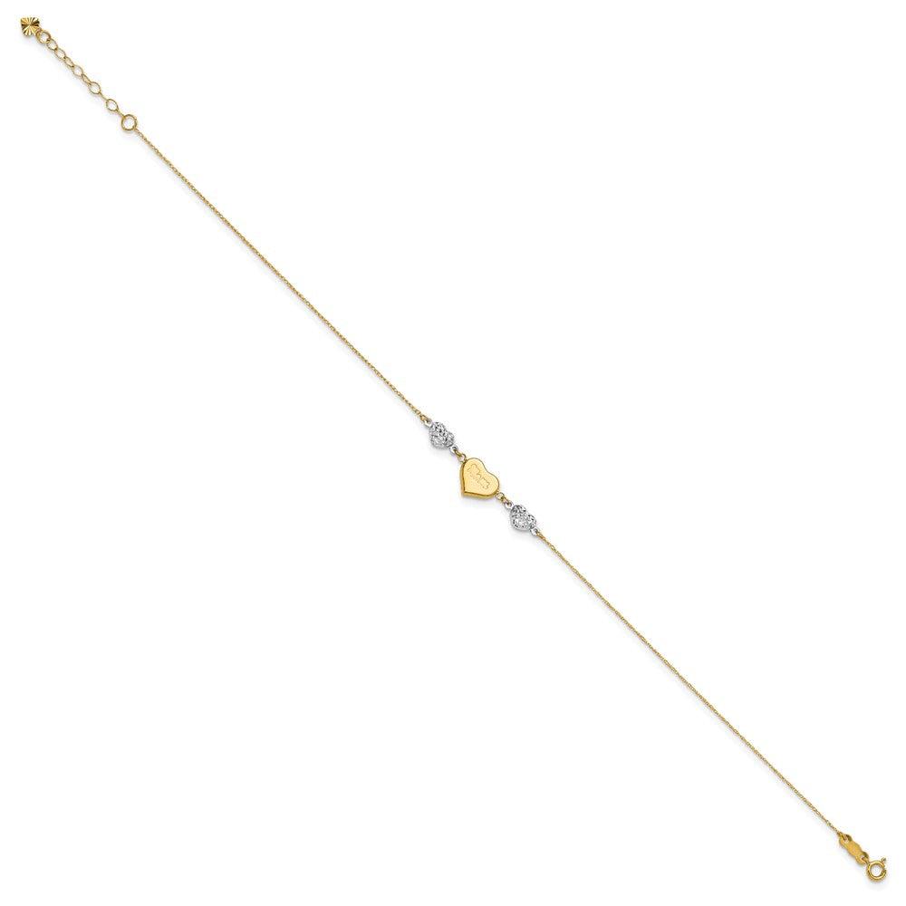 14K Two-tone Diamond-cut and MOM Puffed Heart 9 inch Plus 1 inch Extender - Total 10 inch Anklet