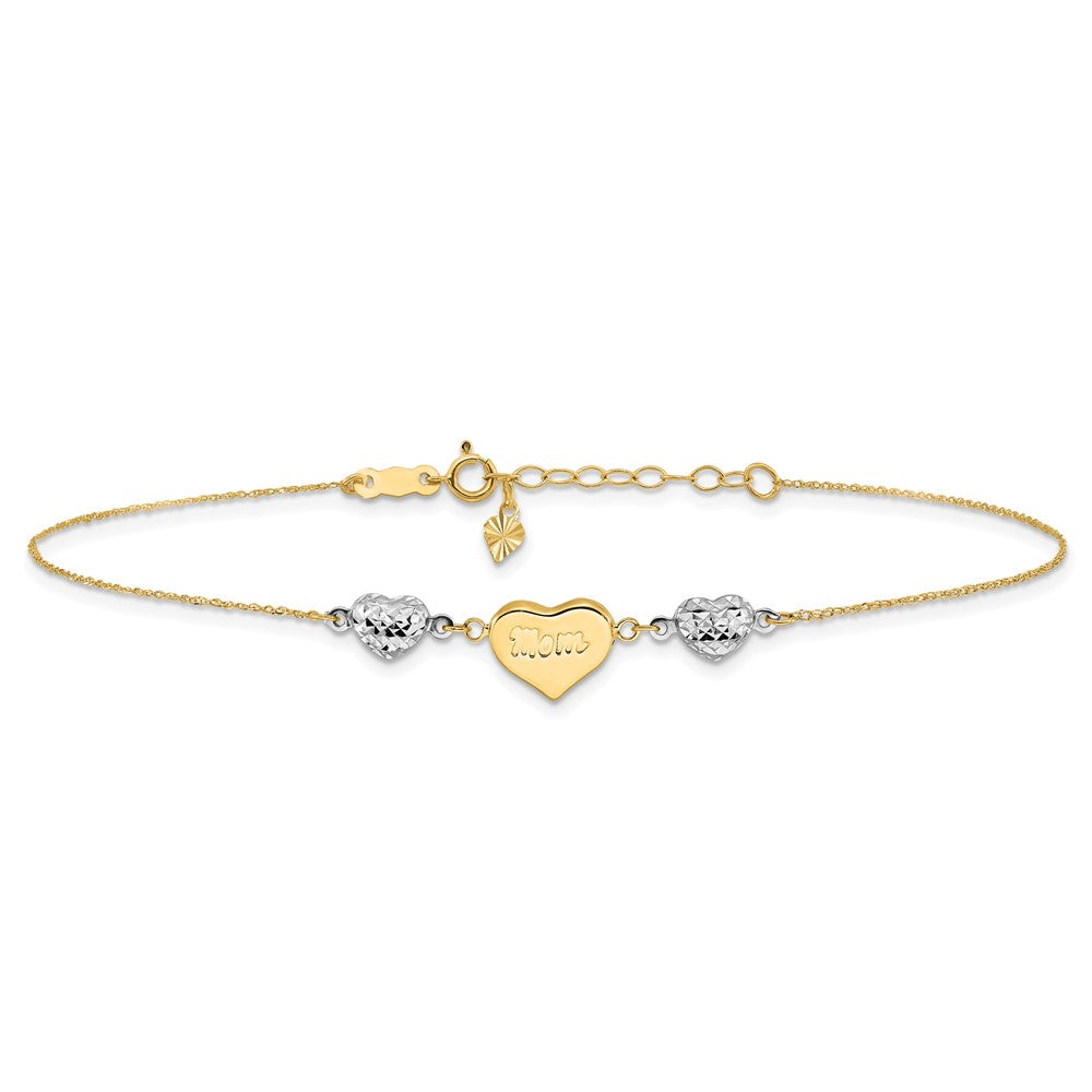 14K Two-tone Diamond-cut and MOM Puffed Heart 9 inch Plus 1 inch Extender - Total 10 inch Anklet