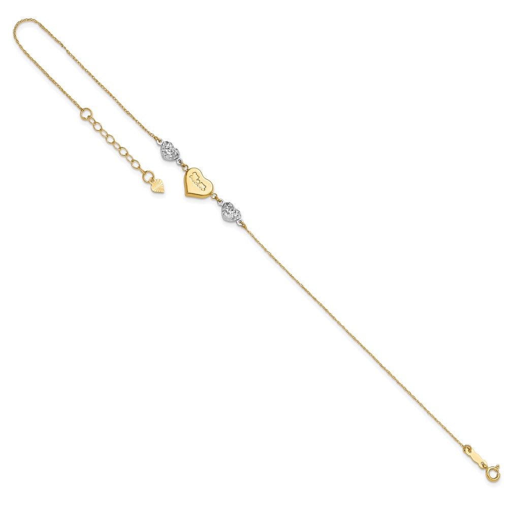 14K Two-tone Diamond-cut and MOM Puffed Heart 10 inch Plus 1 inch Extender - Total 11 inch Anklet
