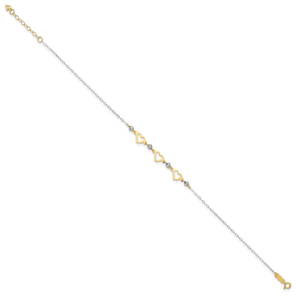14K Two-tone Three Hearts and Diamond-cut Beads 10 inch Plus 1 inch Extender - Total 11 inch Anklet