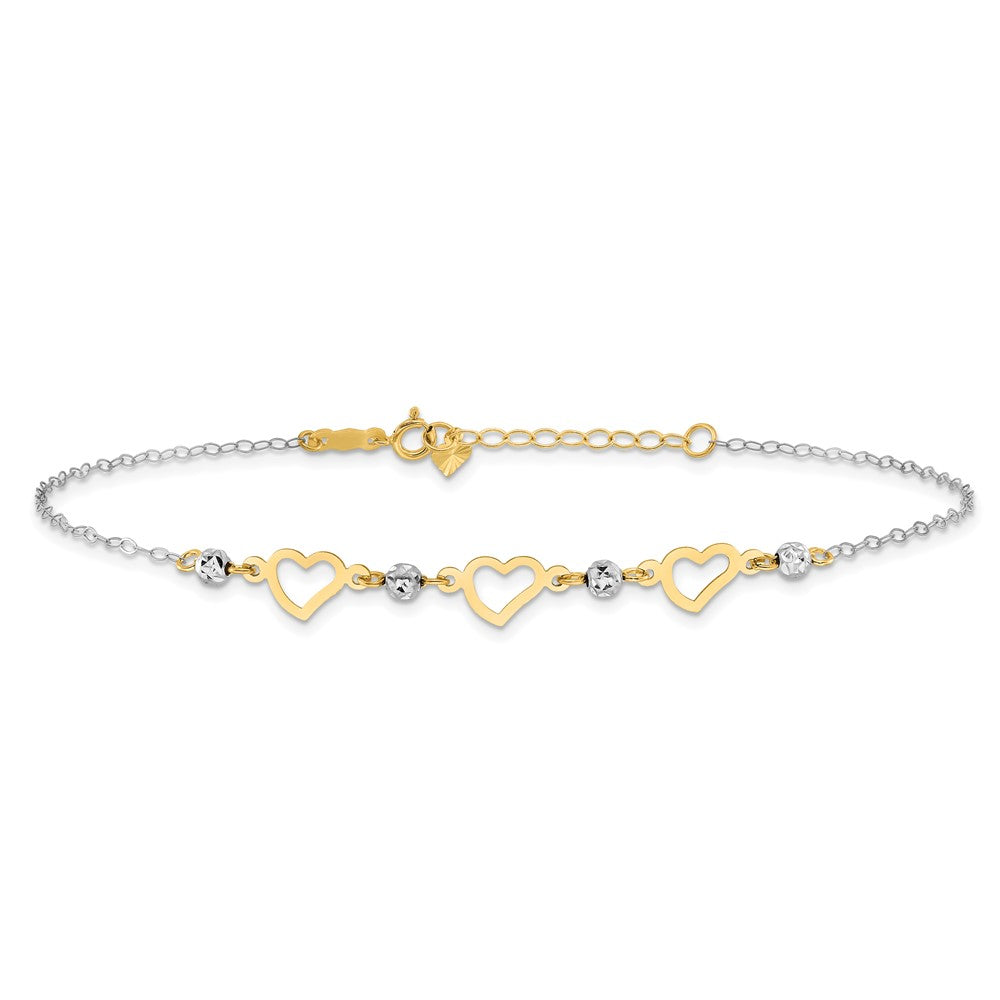 14K Two-tone Three Hearts and Diamond-cut Beads 10 inch Plus 1 inch Extender - Total 11 inch Anklet