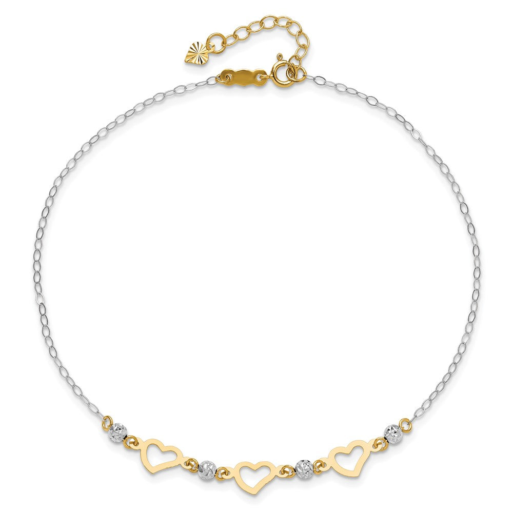 14K Two-tone Three Hearts and Diamond-cut Beads 10 inch Plus 1 inch Extender - Total 11 inch Anklet