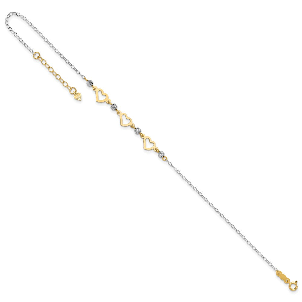 14K Two-tone Three Hearts and Diamond-cut Beads 10 inch Plus 1 inch Extender - Total 11 inch Anklet