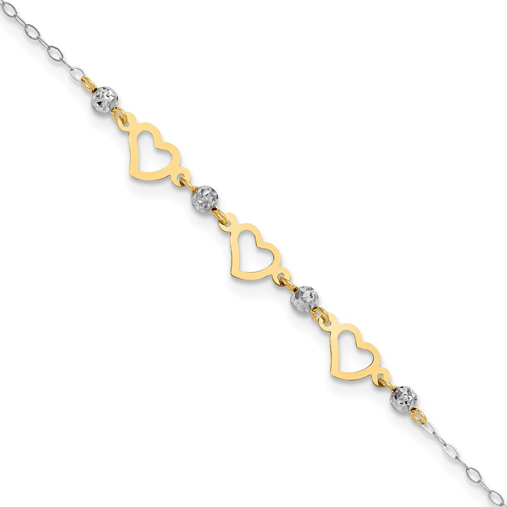 14K Two-tone Three Hearts and Diamond-cut Beads 10 inch Plus 1 inch Extender - Total 11 inch Anklet