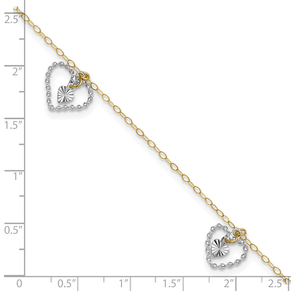 14K Two-tone Twisted Diamond-cut 3 Heart Dangles 9 inch Plus 1 inch Extender - Total 10 inch Anklet