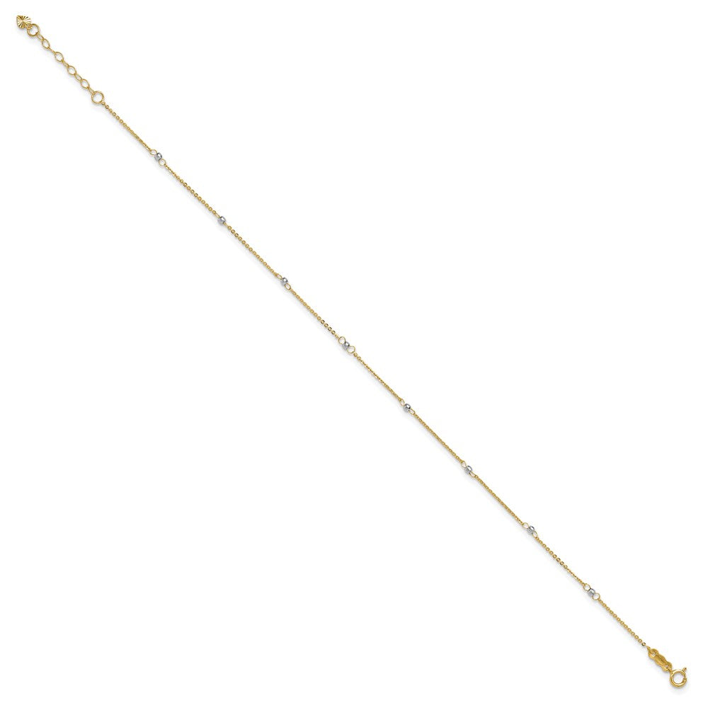14k Two-tone Cable Chain Mirror Beads 8-Station 9 inch Plus 1 inch Extender - Total 10 inch Anklet