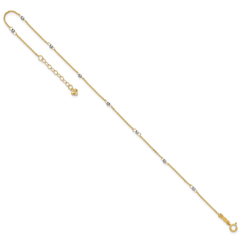 14k Two-tone Cable Chain Mirror Beads 8-Station 9 inch Plus 1 inch Extender - Total 10 inch Anklet