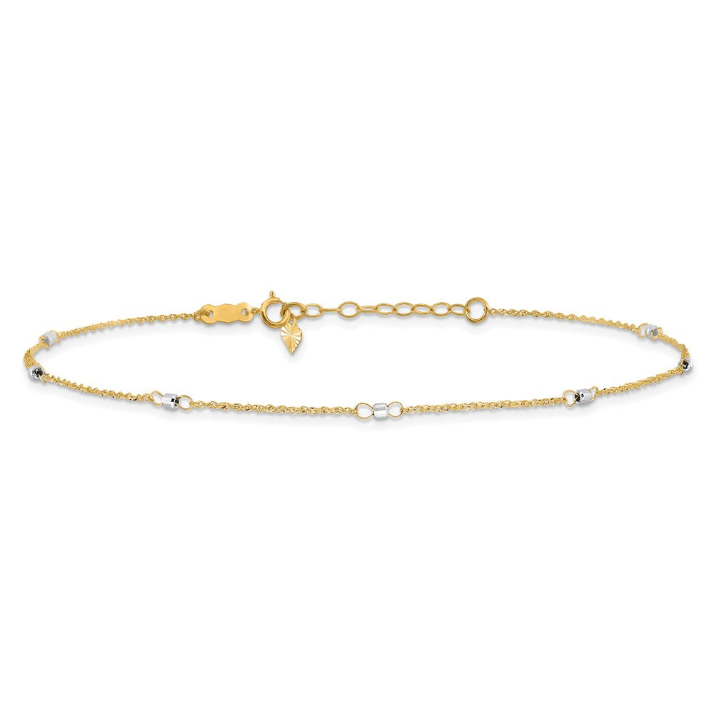 14K Two-tone Ropa Chain Mirror Beads 7-Station 9 inch Plus 1 inch Extender - Total 10 inch Anklet