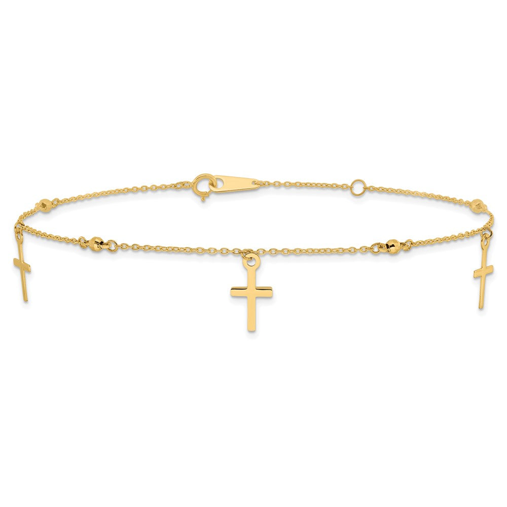 14k Diamond-cut 3 Cross Dangles and Beads 9 inch Plus 1 inch Extender - Total 10 inch Anklet