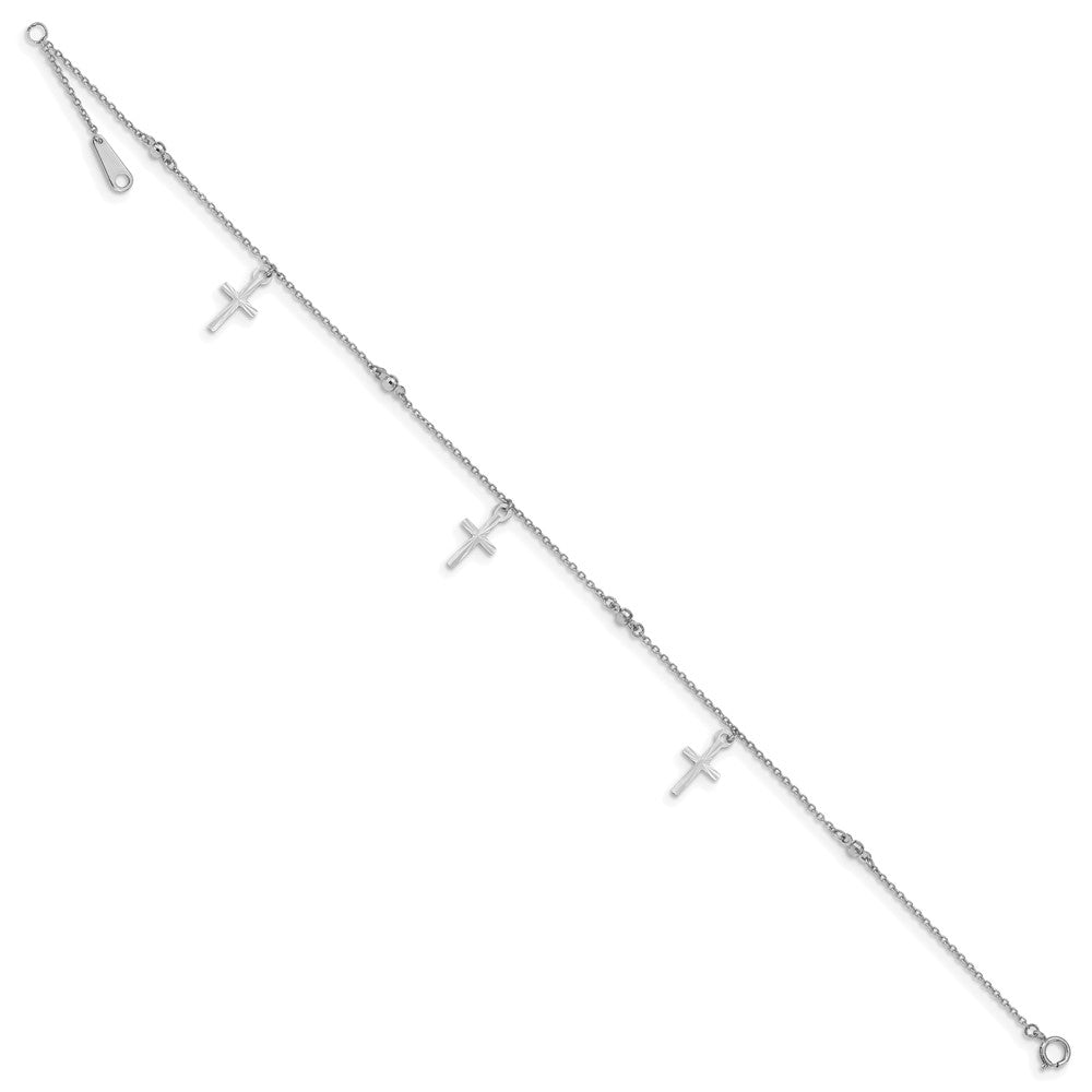 14k White Gold Diamond-cut 3 Cross Dangles and Beads 9 inch Plus 1 inch Extender - Total 10 inch Anklet
