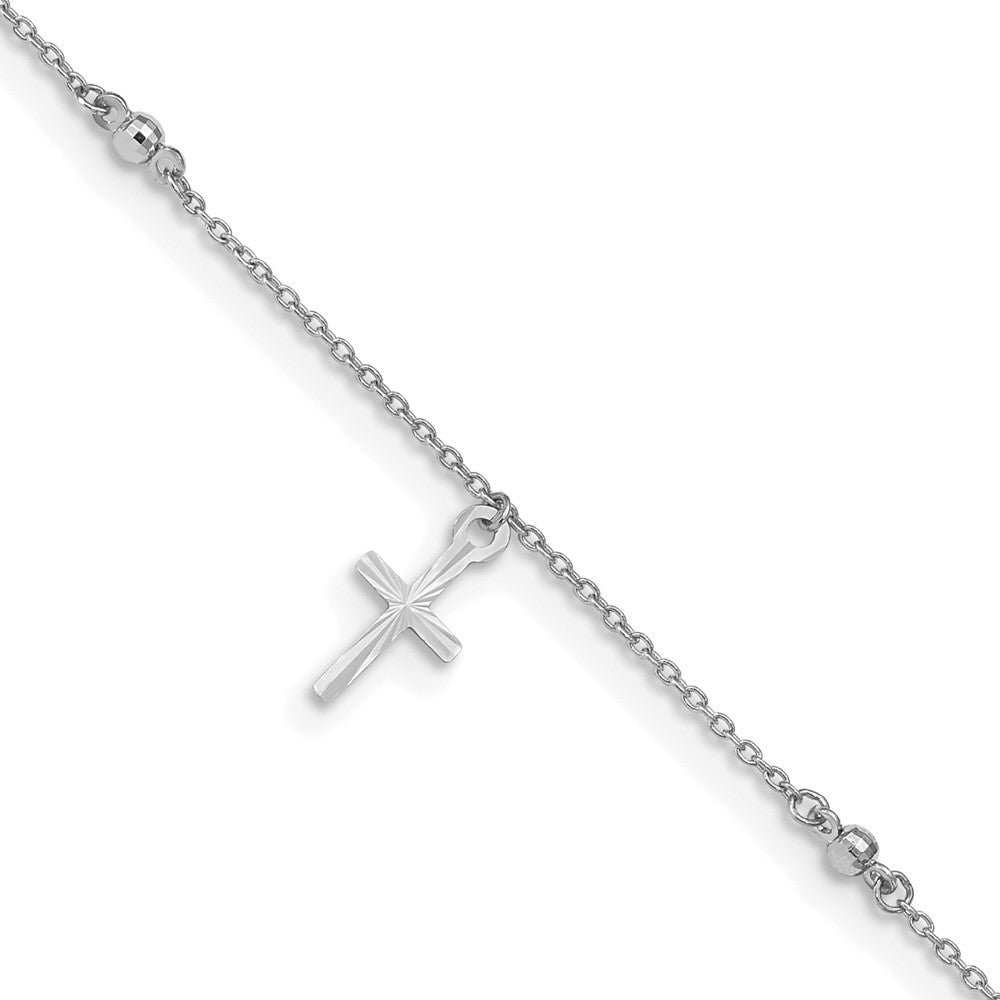14k White Gold Diamond-cut 3 Cross Dangles and Beads 9 inch Plus 1 inch Extender - Total 10 inch Anklet