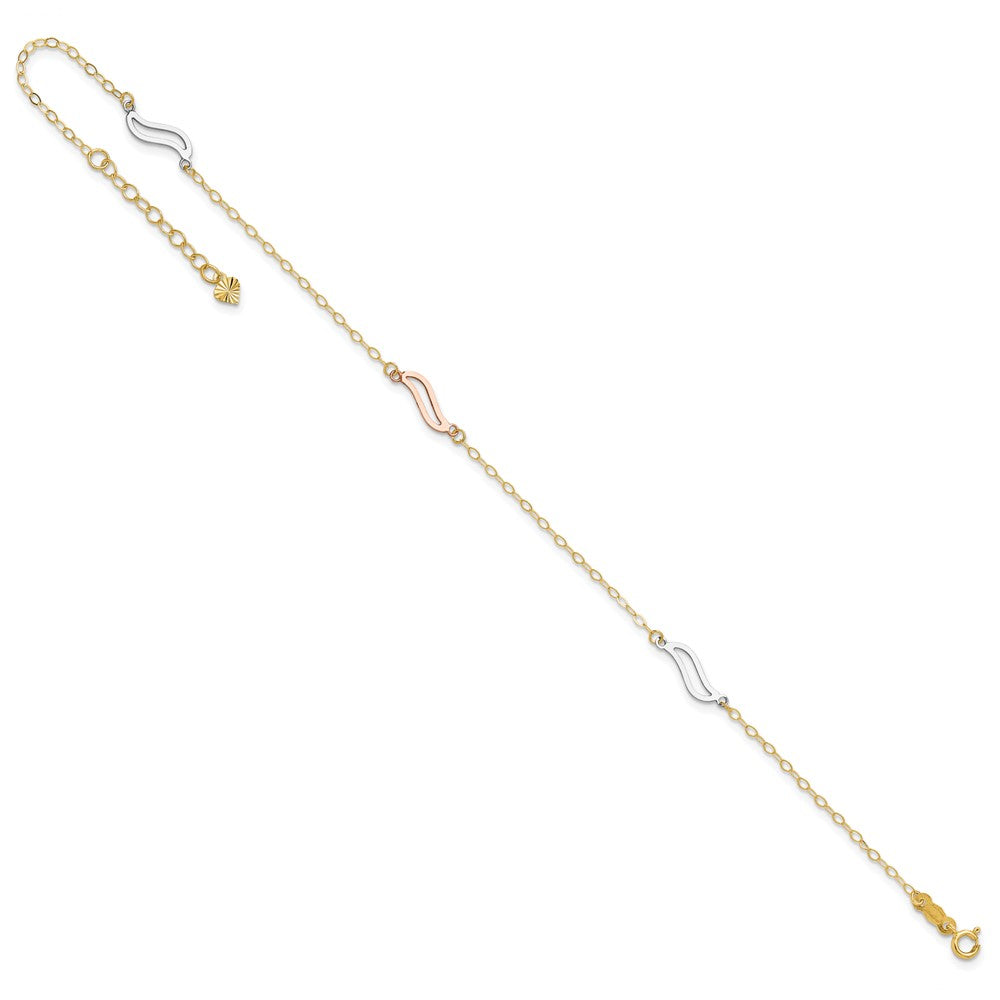 14K Tri-color Open Wavy Links 3-Station 9 inch Plus 1 inch Extender - Total 10 inch Anklet