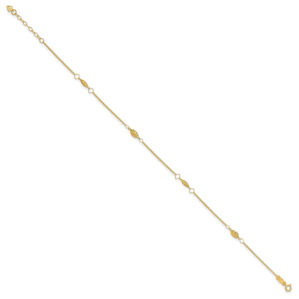 14K Diamond-cut Rice Puff Beads 4-Station 9 inch Plus 1 inch Extender - Total 10 inch Anklet