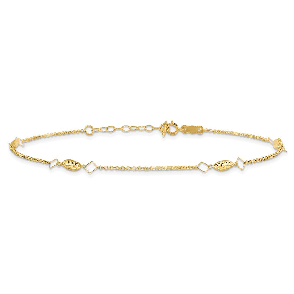 14K Diamond-cut Rice Puff Beads 4-Station 9 inch Plus 1 inch Extender - Total 10 inch Anklet