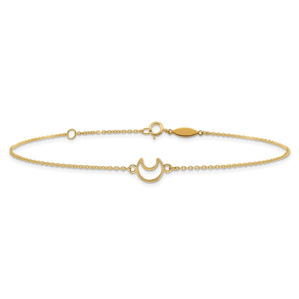 14K Textured and Polished Crescent Moon 9 inch Plus 1 inch Extender - Total 10 inch Anklet