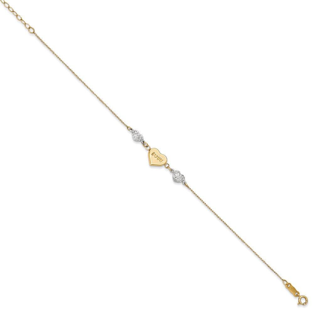 14K Two-tone Puffed LOVE Heart and Diamond-cut Beads 7 inch Bracelet Plus 1 inch Heart Dangle Extender