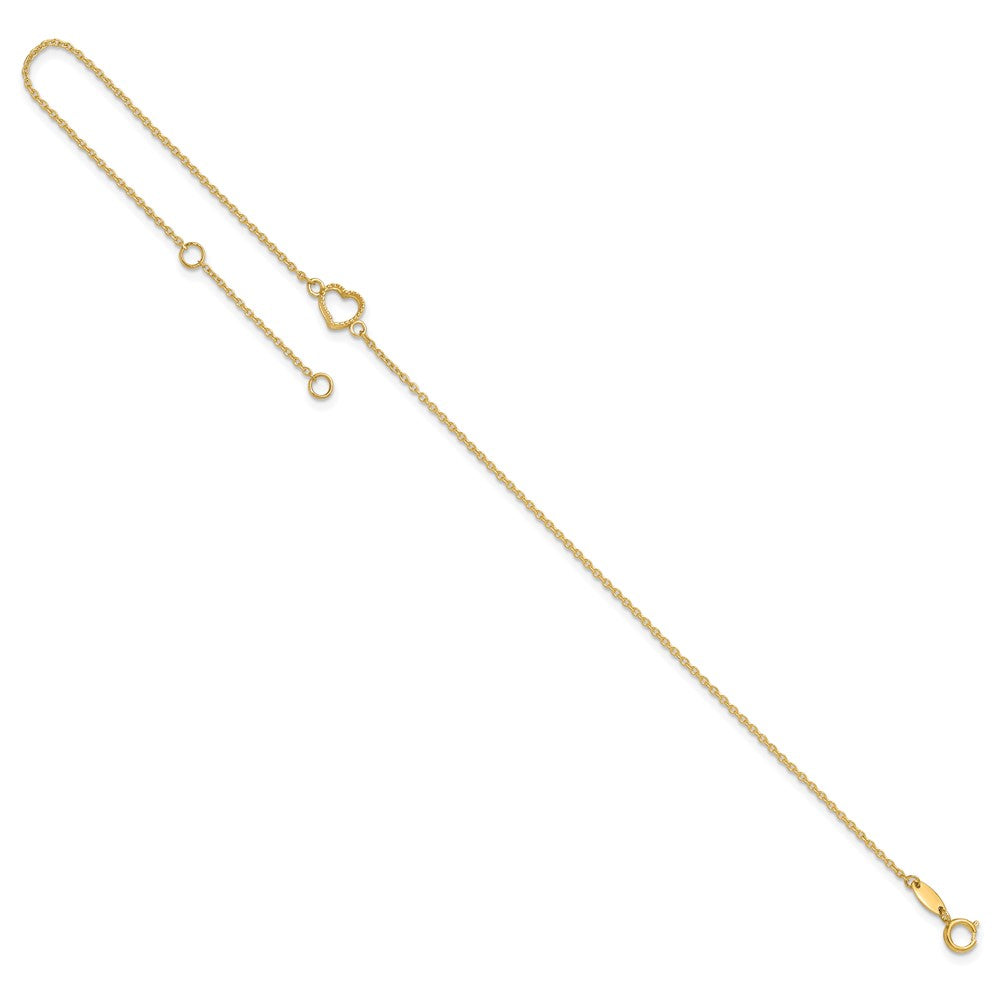 14K Textured and Polished Open Heart 9 inch Plus 1 inch Extender - Total 10 inch Anklet