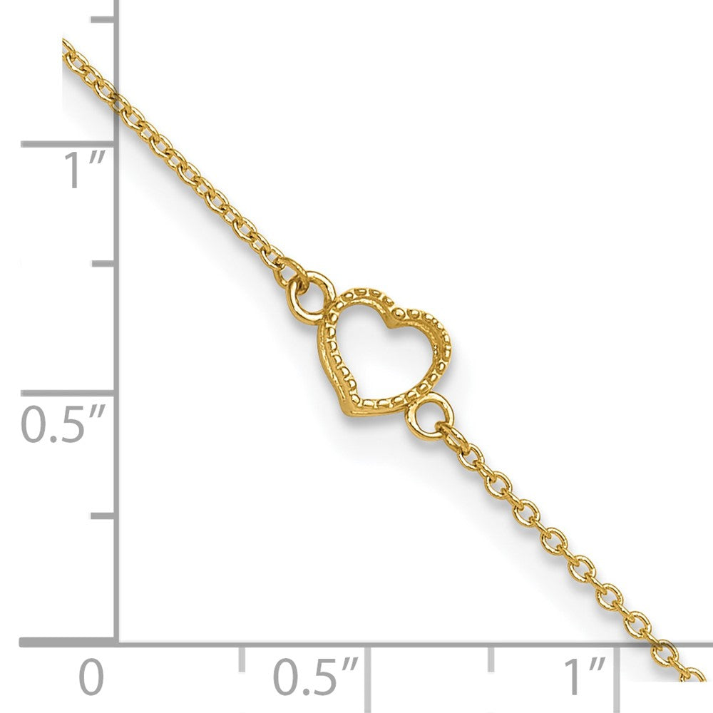 14K Textured and Polished Open Heart 9 inch Plus 1 inch Extender - Total 10 inch Anklet