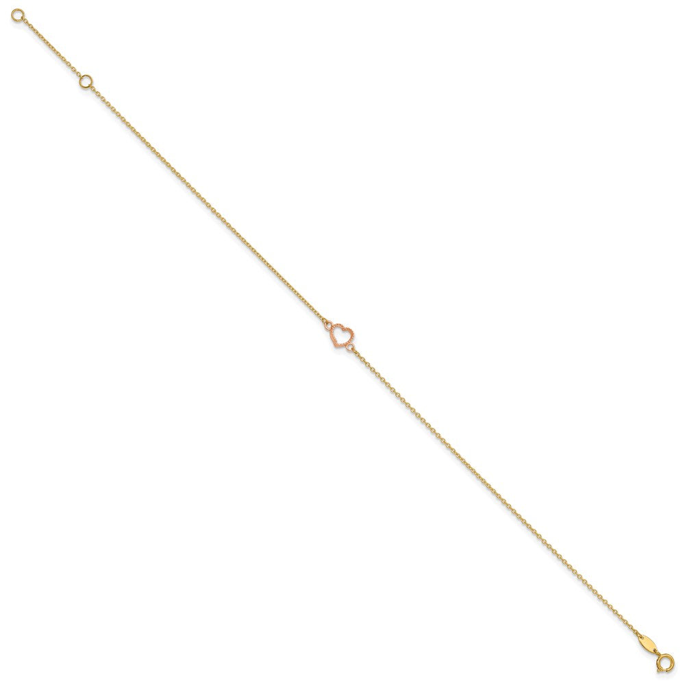 14k Two-tone Textured and Polished Open Heart 9 inch Plus 1 inch Extender - Total 10 inch Anklet