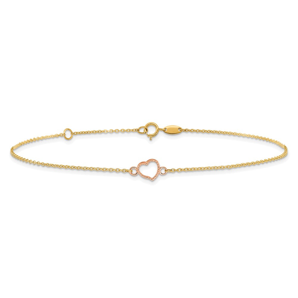 14k Two-tone Textured and Polished Open Heart 9 inch Plus 1 inch Extender - Total 10 inch Anklet