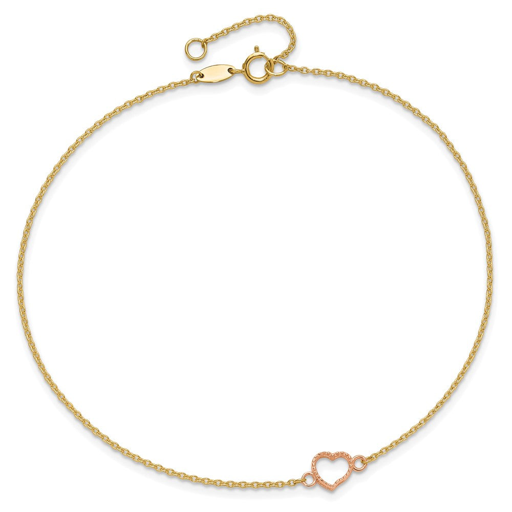 14k Two-tone Textured and Polished Open Heart 9 inch Plus 1 inch Extender - Total 10 inch Anklet