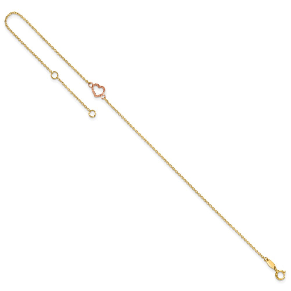 14k Two-tone Textured and Polished Open Heart 9 inch Plus 1 inch Extender - Total 10 inch Anklet
