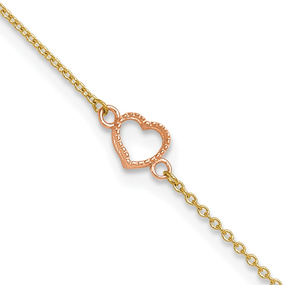 14k Two-tone Textured and Polished Open Heart 9 inch Plus 1 inch Extender - Total 10 inch Anklet