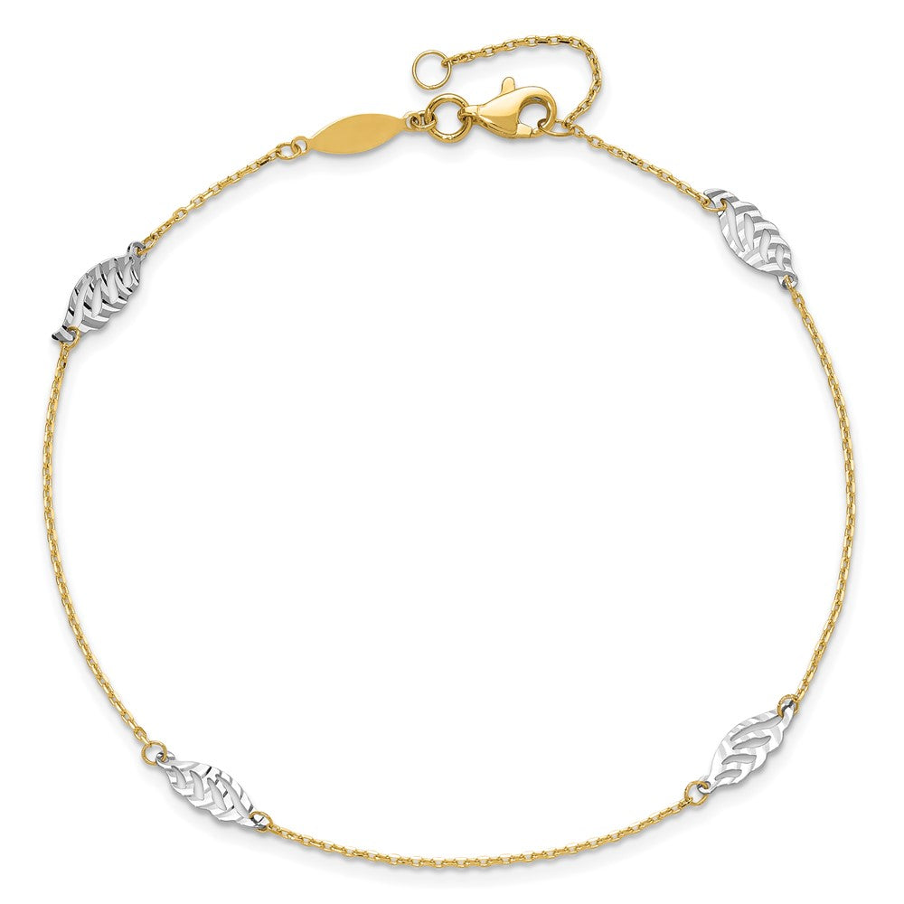 14K Two-Tone Diamond-cut Leaf 4-Station 9 inch Plus 1 inch Extender - Total 10 inch Anklet