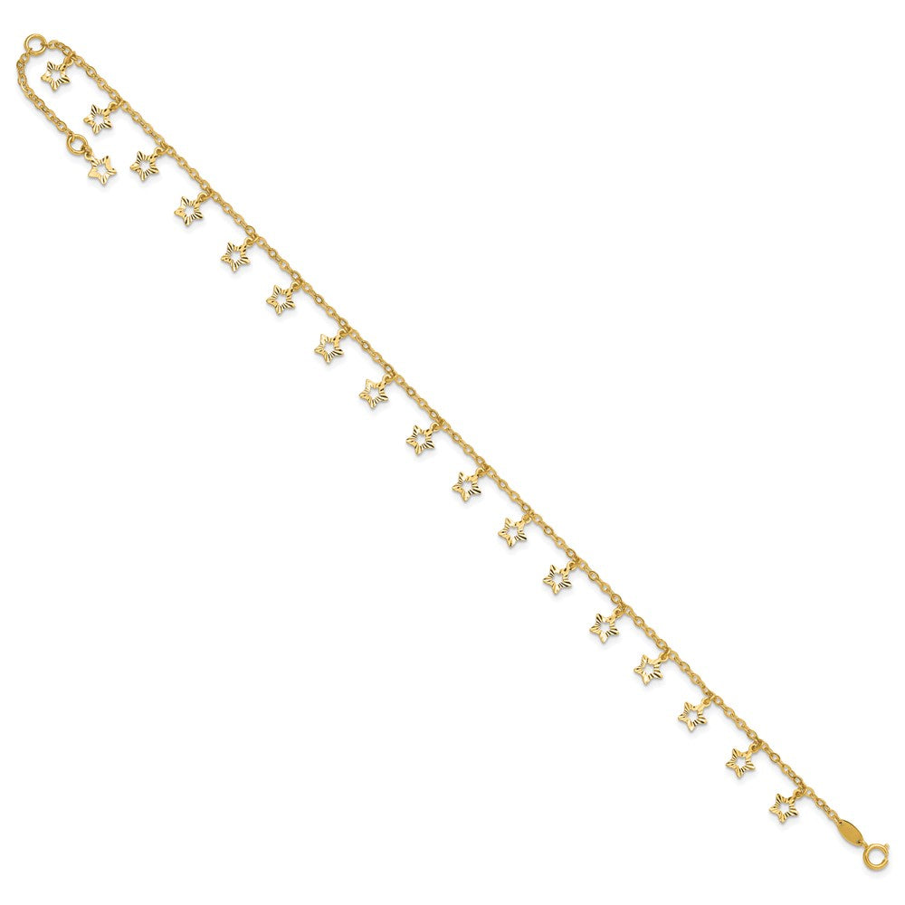14k Polished and Textured Dangle Stars 9 inch Plus 1 inch Star Dangle Extender - Total 10 inch Anklet