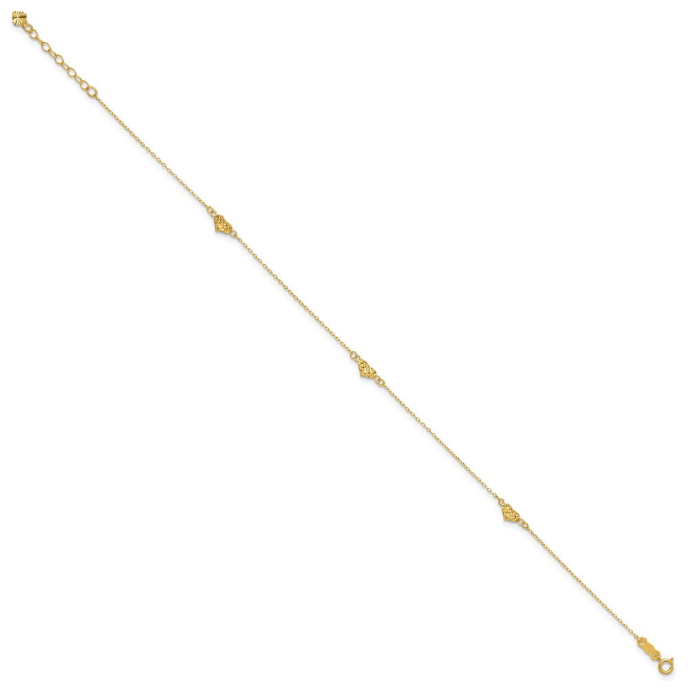 14k Polished Diamond-cut Triple Puffed Hearts 10 inch Plus 1 inch Extender - Total 11 inch Anklet