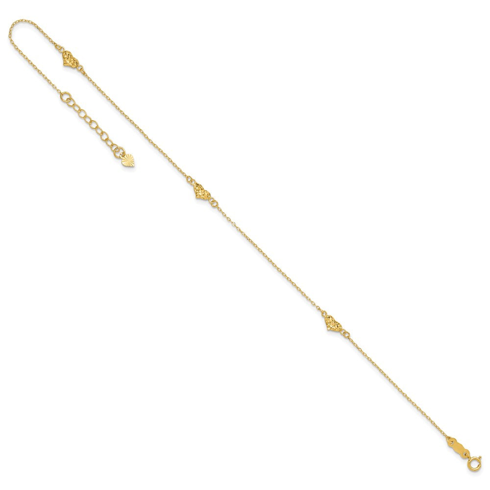 14k Polished Diamond-cut Triple Puffed Hearts 10 inch Plus 1 inch Extender - Total 11 inch Anklet