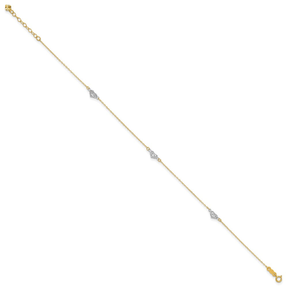 14k Two-tone Diamond-cut Triple Puffed Hearts 9 inch Plus 1 inch Extender - Total 10 inch Anklet