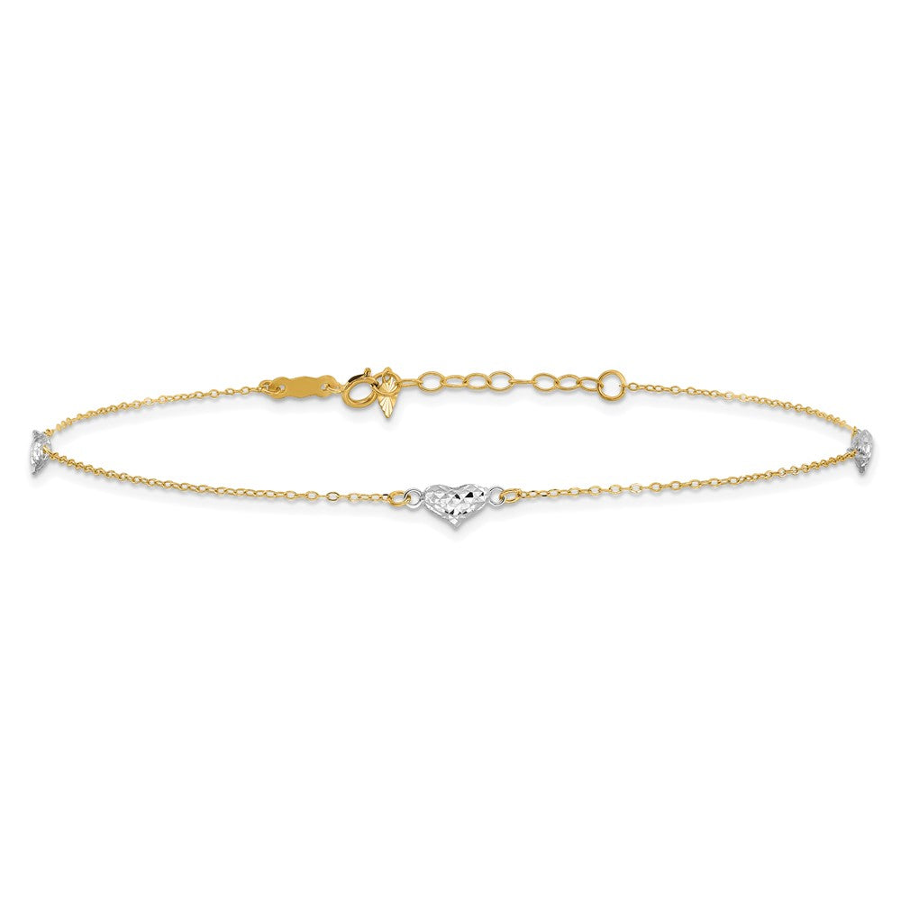 14k Two-tone Diamond-cut Triple Puffed Hearts 9 inch Plus 1 inch Extender - Total 10 inch Anklet