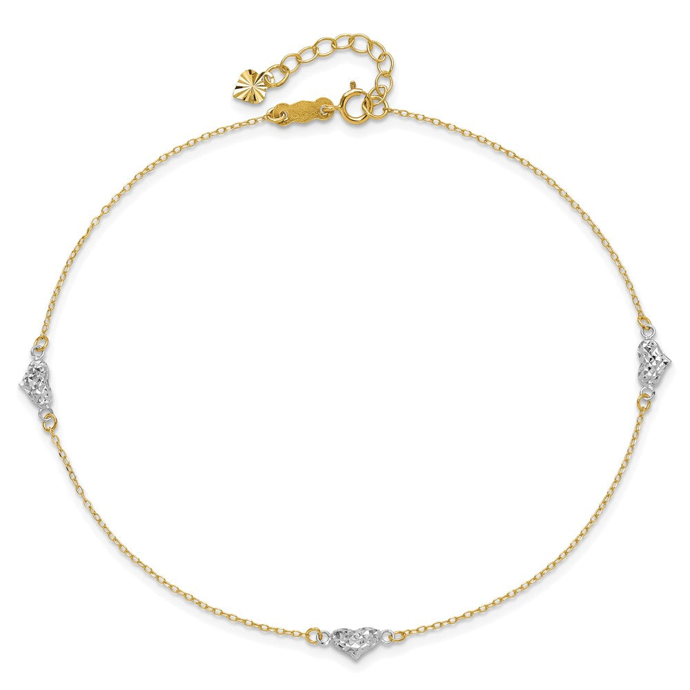 14k Two-tone Diamond-cut Triple Puffed Hearts 9 inch Plus 1 inch Extender - Total 10 inch Anklet