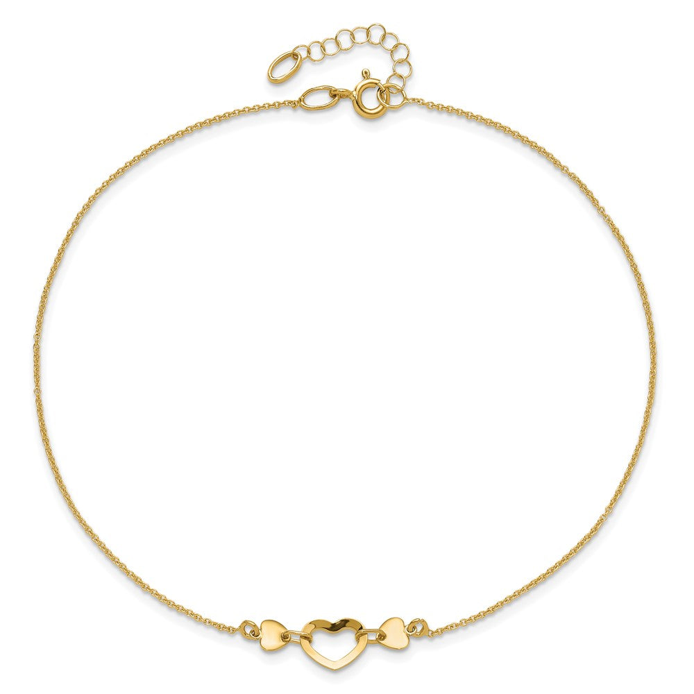 14k Polished Open Heart 10 inch Plus 0.75 inch Extender - Total 10.75 inch Anklet