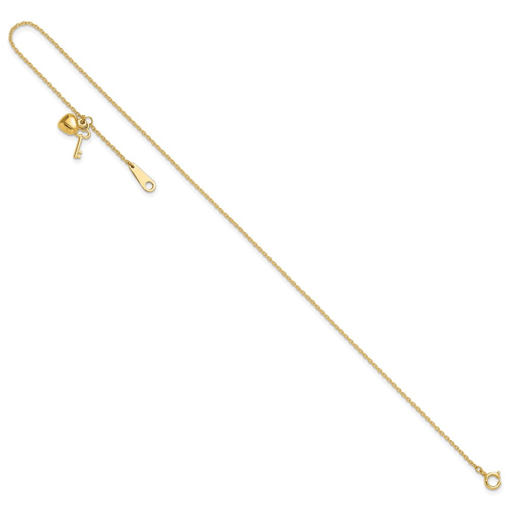 14k Cable Chain with Puffed Heart and Key Dangle 9 inch Plus 1 inch Extender - Total 10 inch Anklet