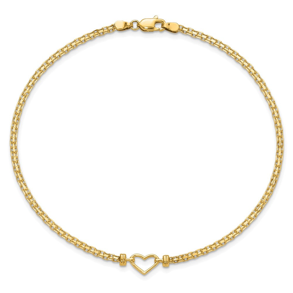 14k Polished Open Heart and Bismark Chain 10 inch Anklet