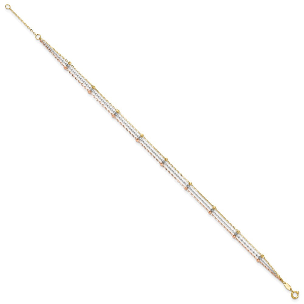 14k Tri-color 3-Strand Diamond-cut Beaded 9-Station 9 inch Plus 1 inch Extender - Total 10 inch Anklet