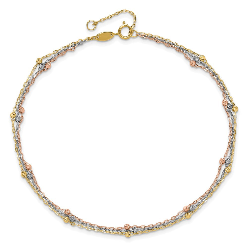 14k Tri-color 3-Strand Diamond-cut Beaded 9-Station 9 inch Plus 1 inch Extender - Total 10 inch Anklet